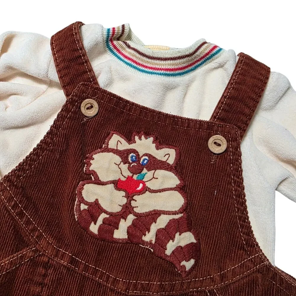 Vintage Carter's Raccoon Outfit 24M Corduroy Overalls Sweatshirt USA Baby Rare